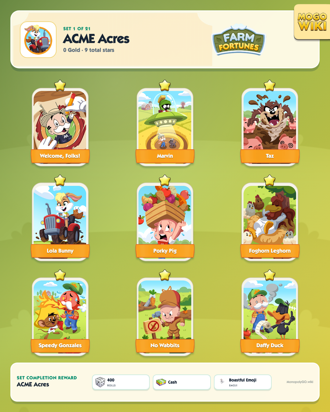 Farm Fortunes set 1, ACME Acres, with all 9 stickers