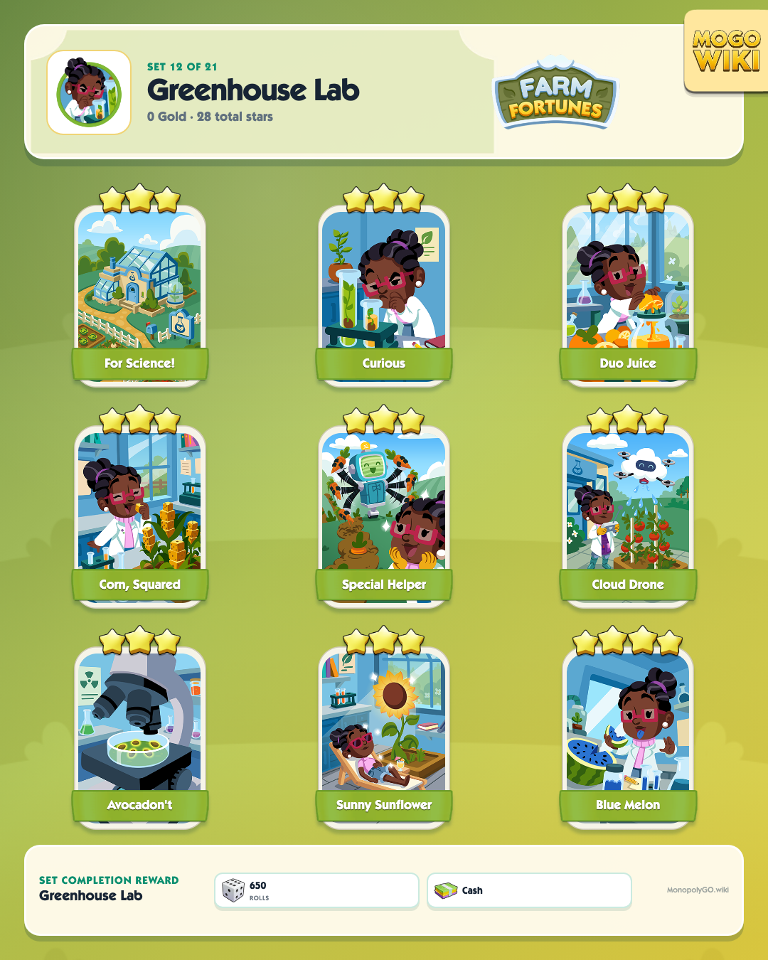 Farm Fortunes set 12, Greenhouse Lab, with all 9 stickers
