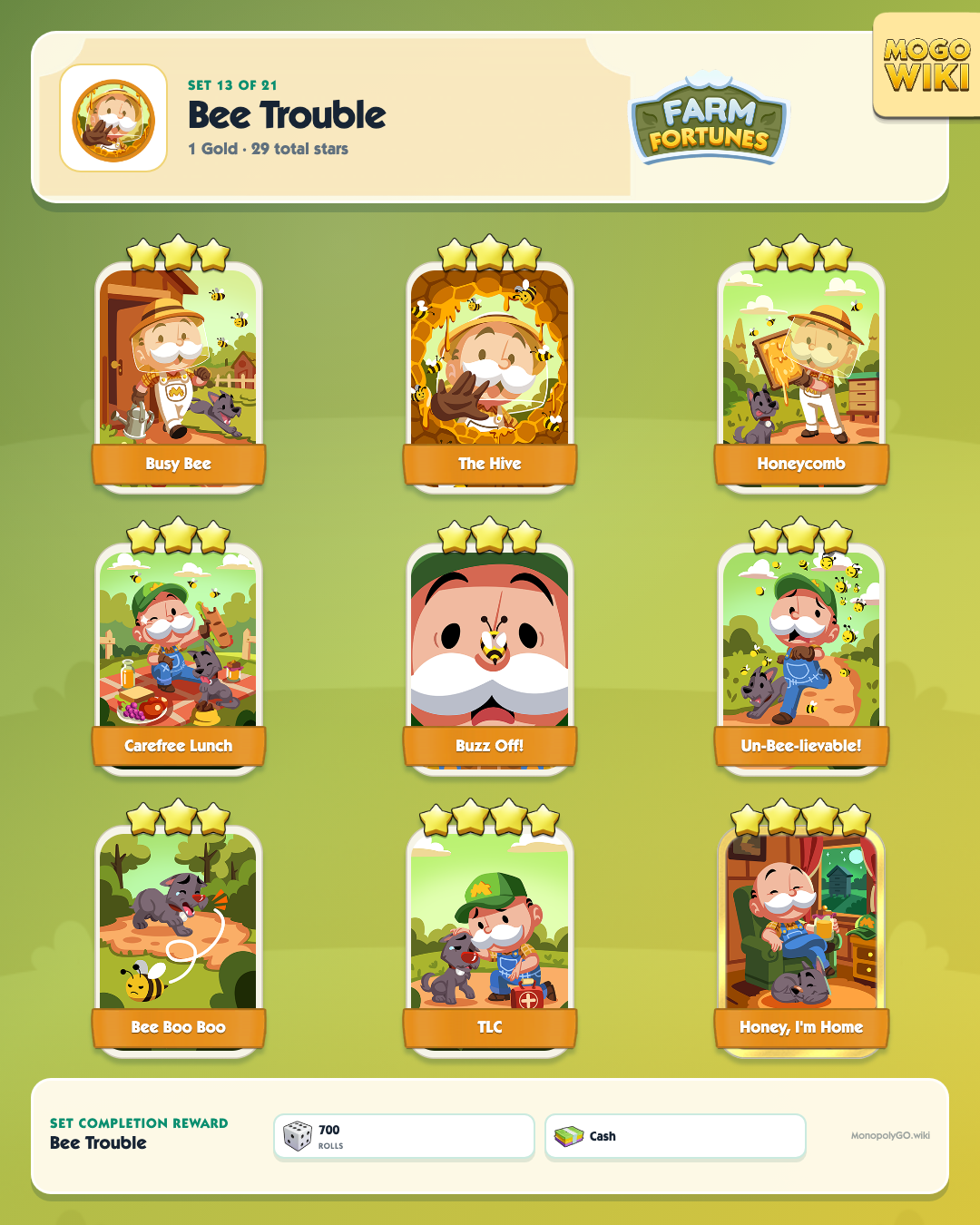 Farm Fortunes set 13, Bee Trouble, with all 9 stickers