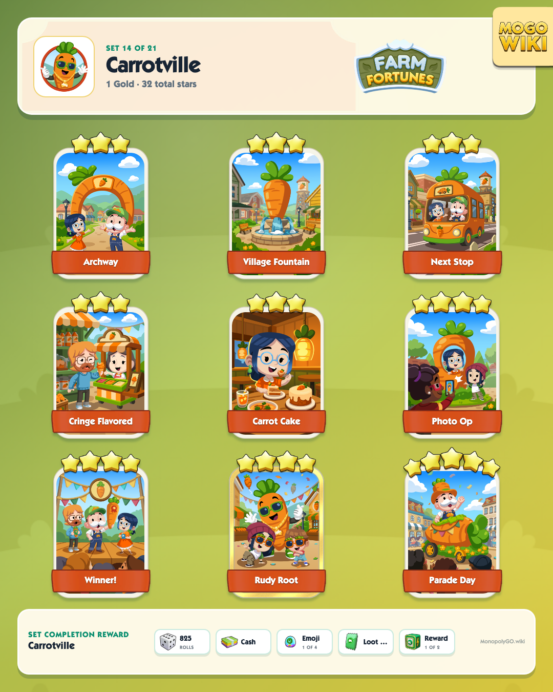 Farm Fortunes set 14, Carrotville, with all 9 stickers