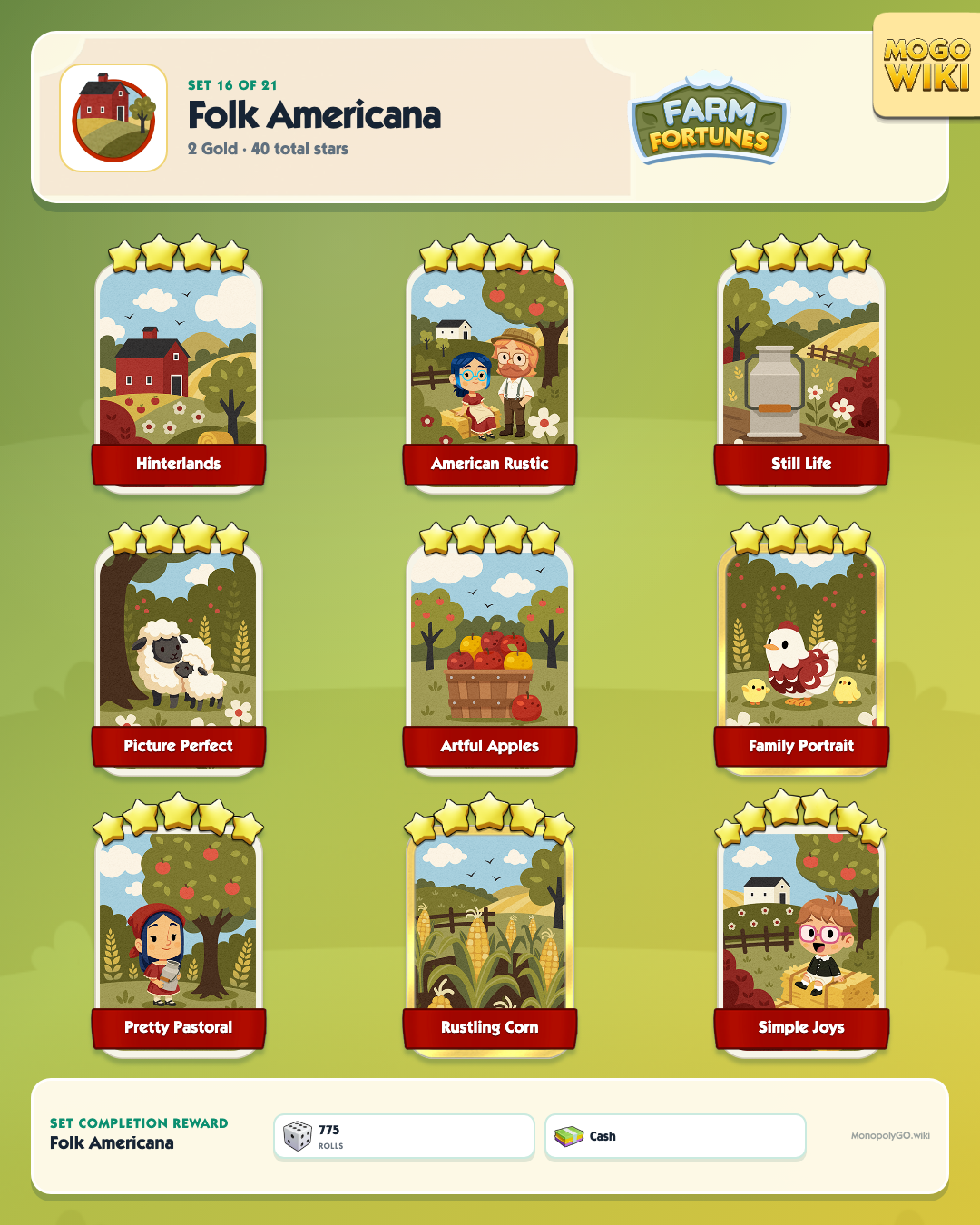 Farm Fortunes set 16, Folk Americana, with all 9 stickers