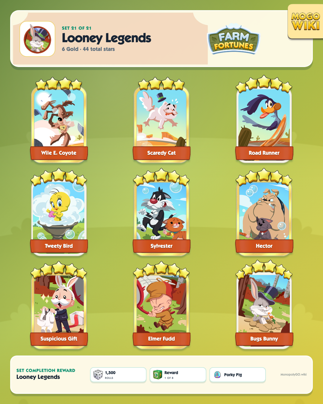 Farm Fortunes set 21, Looney Legends, with all 9 stickers
