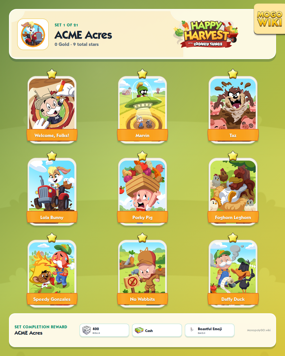 Happy Harvest with Looney Tunes set 1, ACME Acres, with all 9 stickers