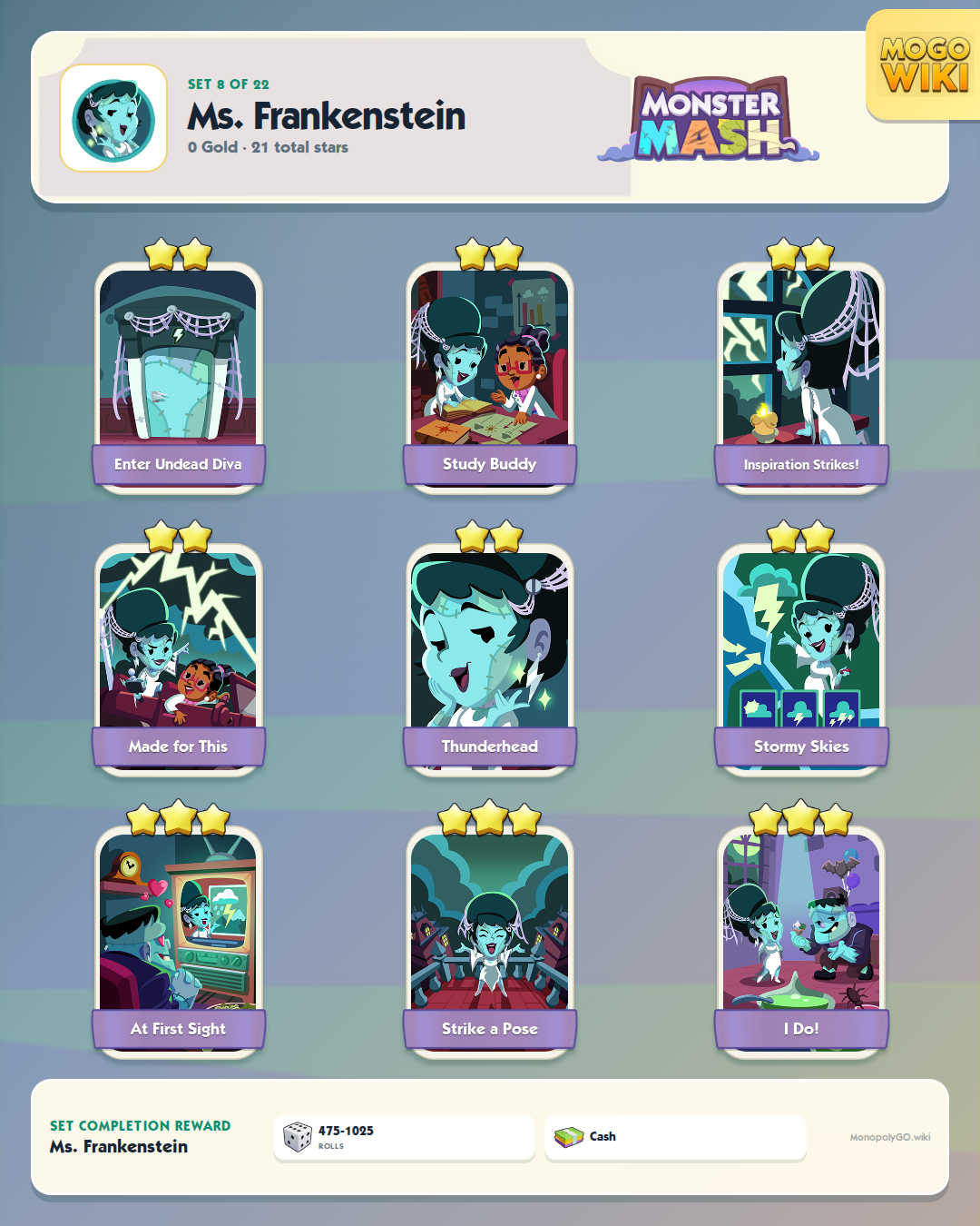 Monster Mash set 8, Ms. Frankenstein, with all 9 stickers